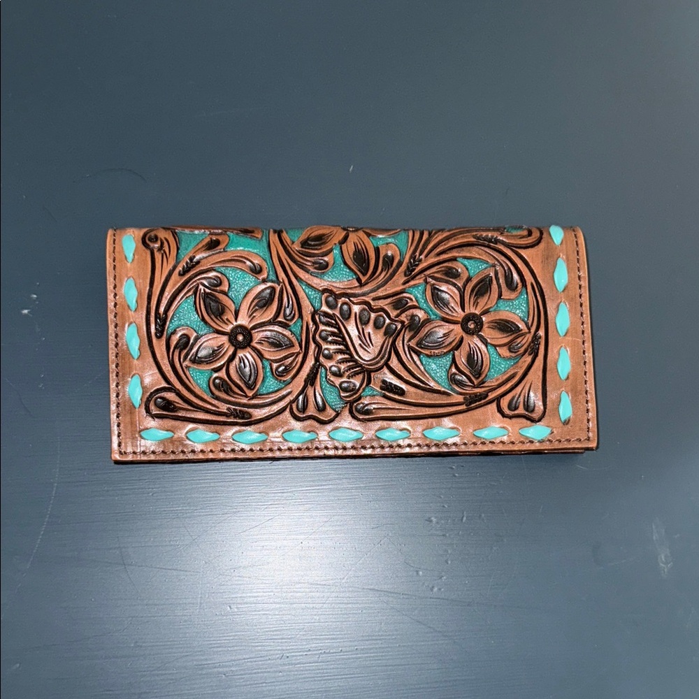Hand-Tooled Floral Leather Wallet - Turquoise Accents